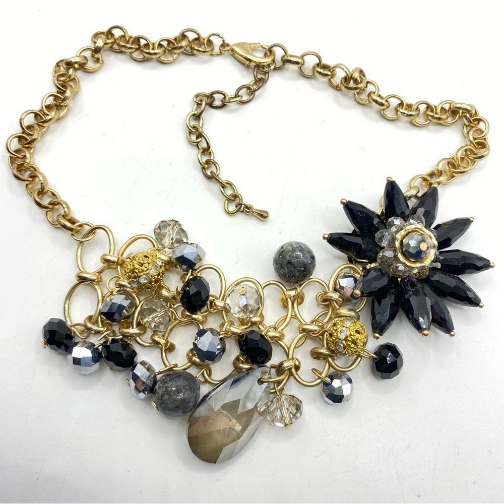 Goldtone & Black Glass Beads Statement Necklace - Picture 6 of 8